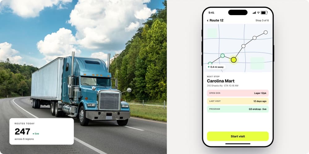 Beverage truck on the highway next to a mobile route map showing next stop