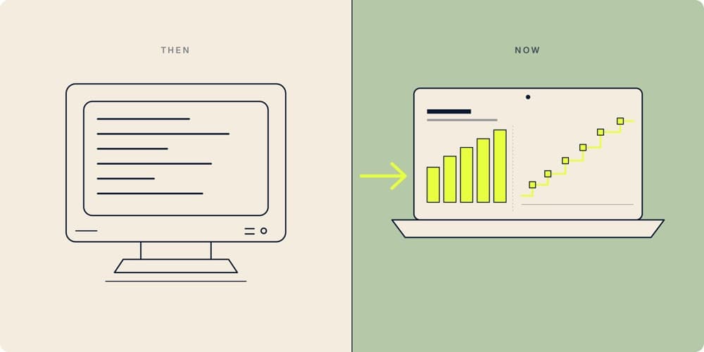 Then vs now: old CRT monitor next to a modern laptop with analytics dashboard