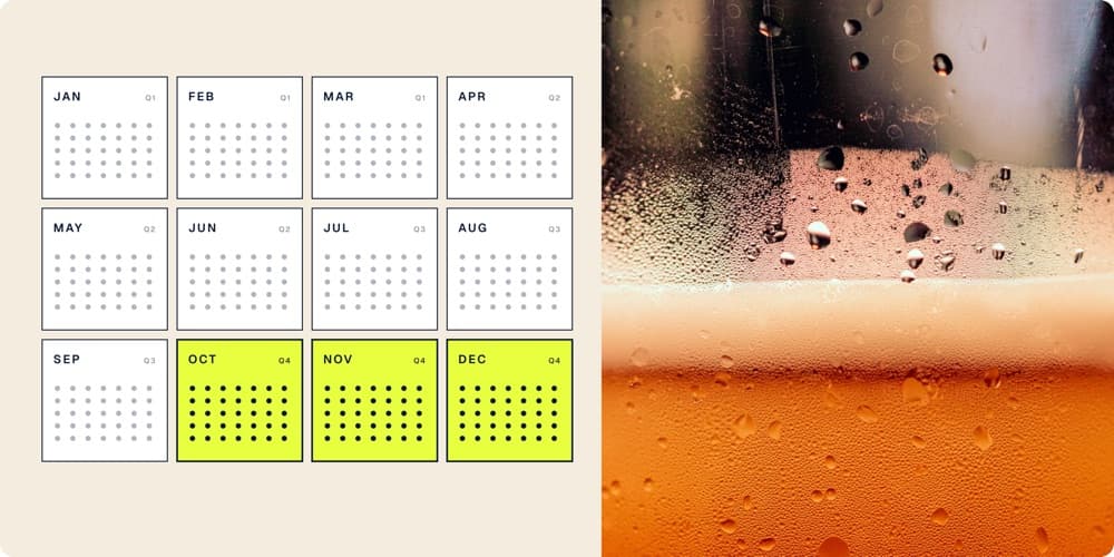 Q4 calendar grid with chartreuse-highlighted Oct, Nov, Dec next to a frosty beer glass